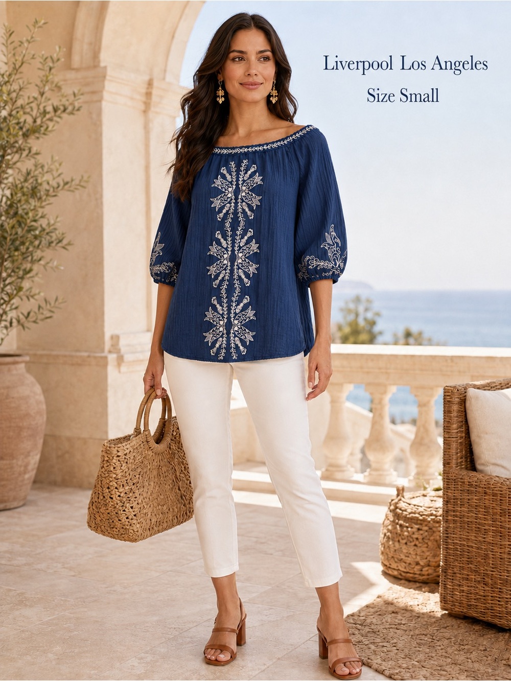 Liverpool Los Angeles Navy Embroidered Cotton Peasant Blouse Small